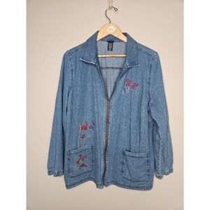 Basic Editions Jean Jacket 2X Blue Denim Embroidered Country Cottage Chore Zip